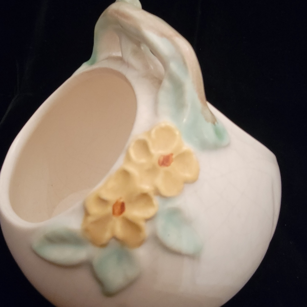 Weller Floral F-19 White Handled Basket/Vase Jardineire Pottery.